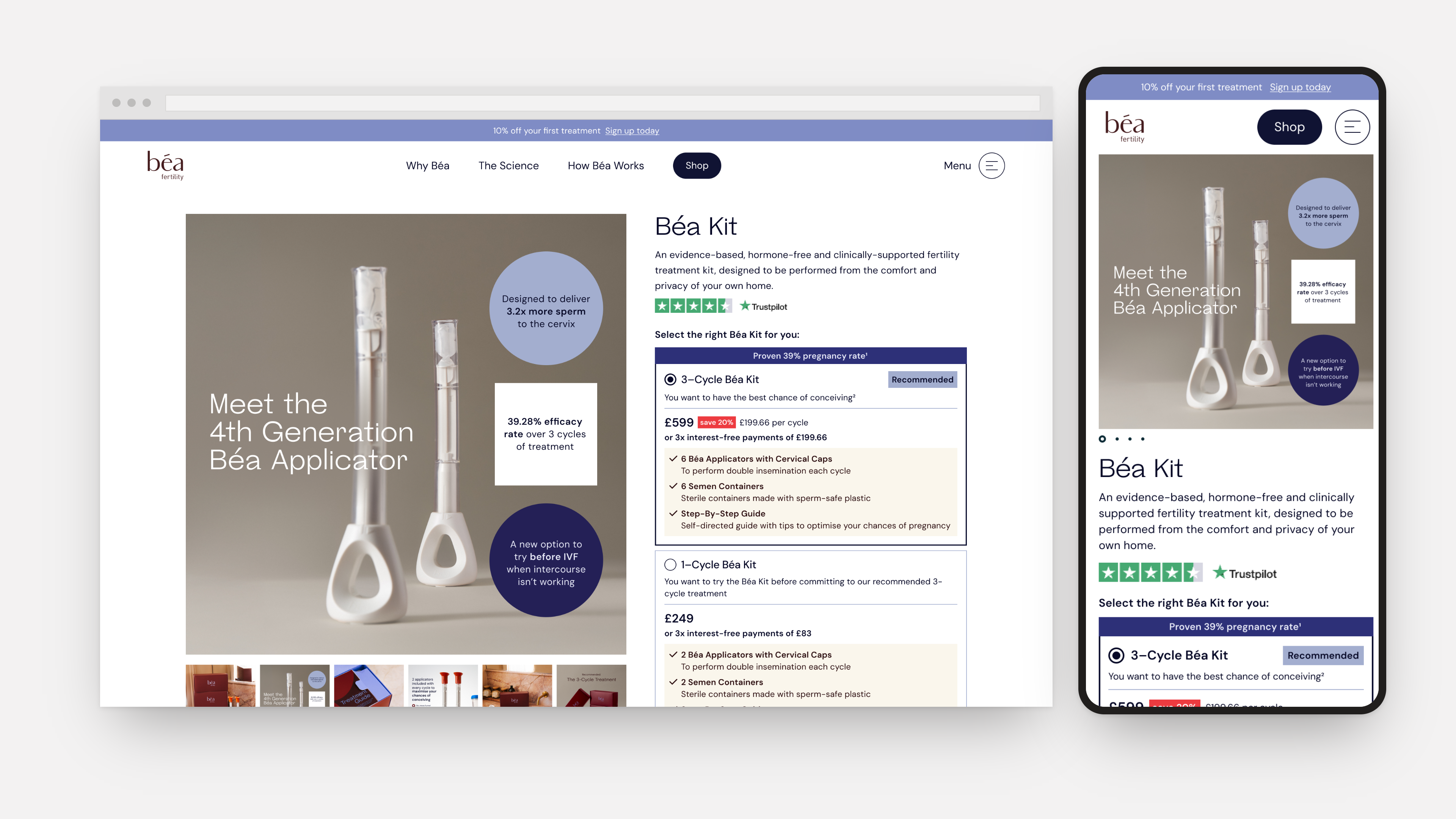The redesigned Béa Kit product page, shown on desktop and mobile, using a plan-selector block to compare cycle tiers