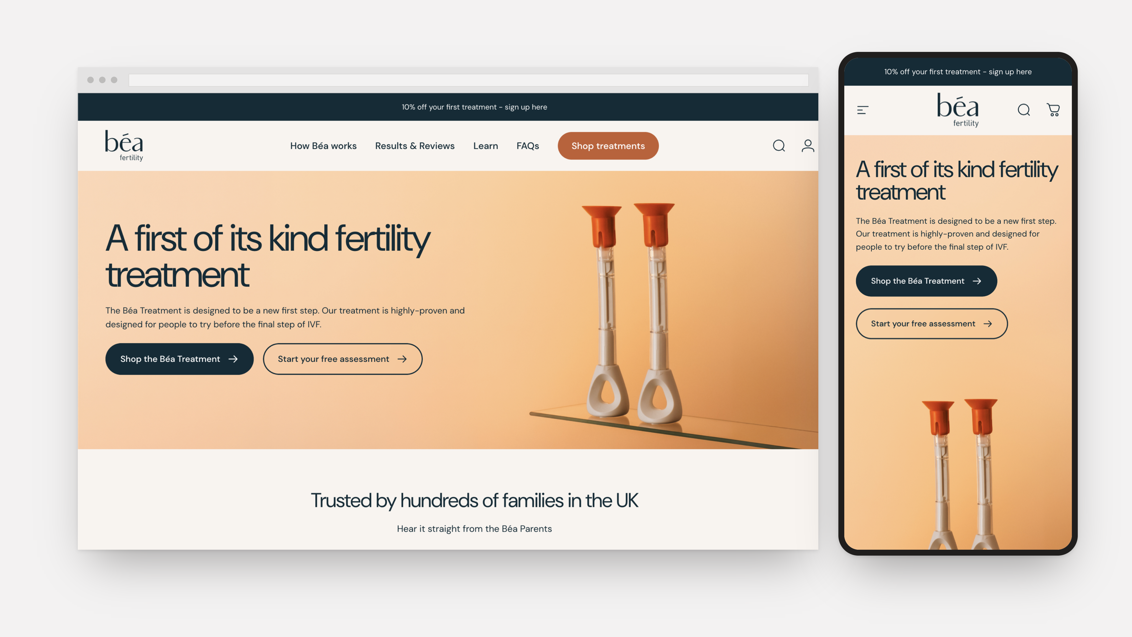 The homepage hero in its warm, cream-toned treatment, shown on desktop and mobile