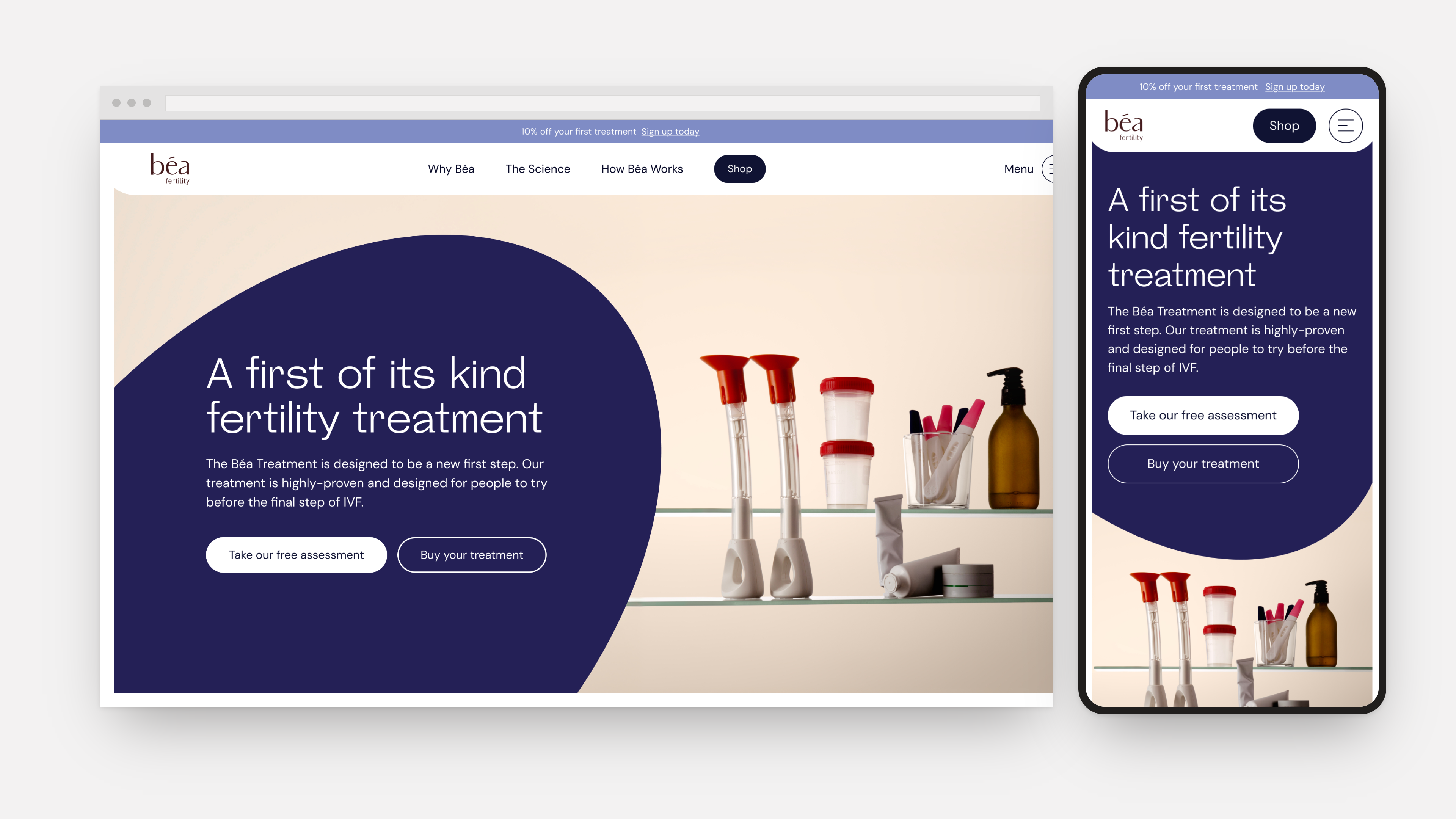 The new Béa Fertility homepage, shown on desktop and mobile