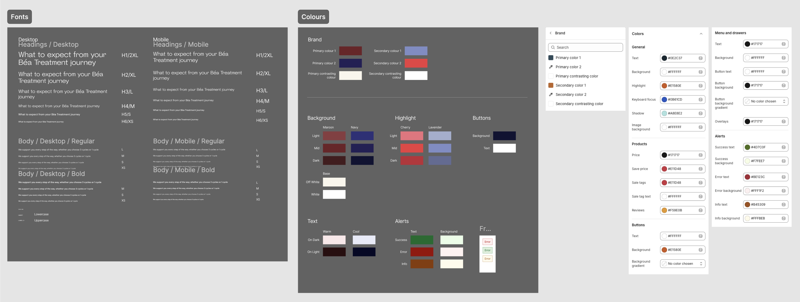 The design system's colour palette and typography scale, covering brand colours, highlight tints and the full heading scale