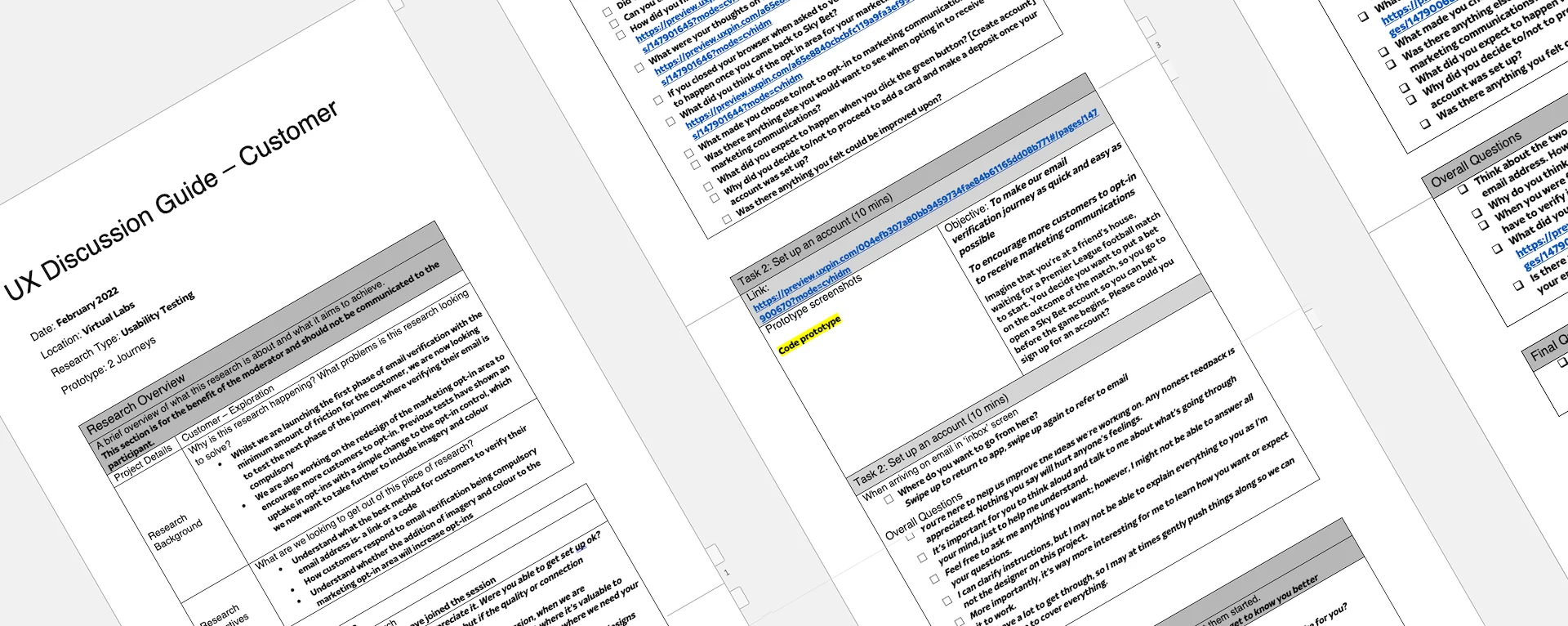 UX discussion guide used for moderated customer interviews