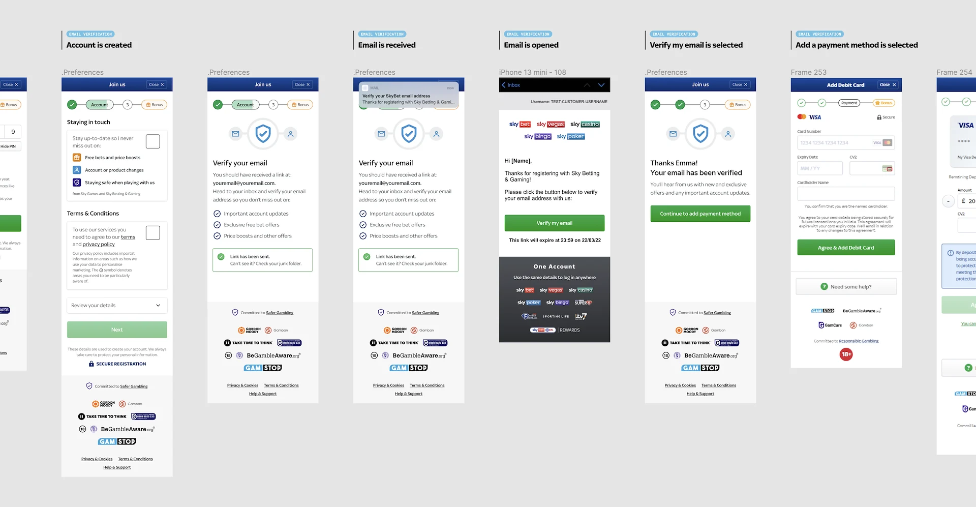 Sky Bet email verification flow across three mobile screens