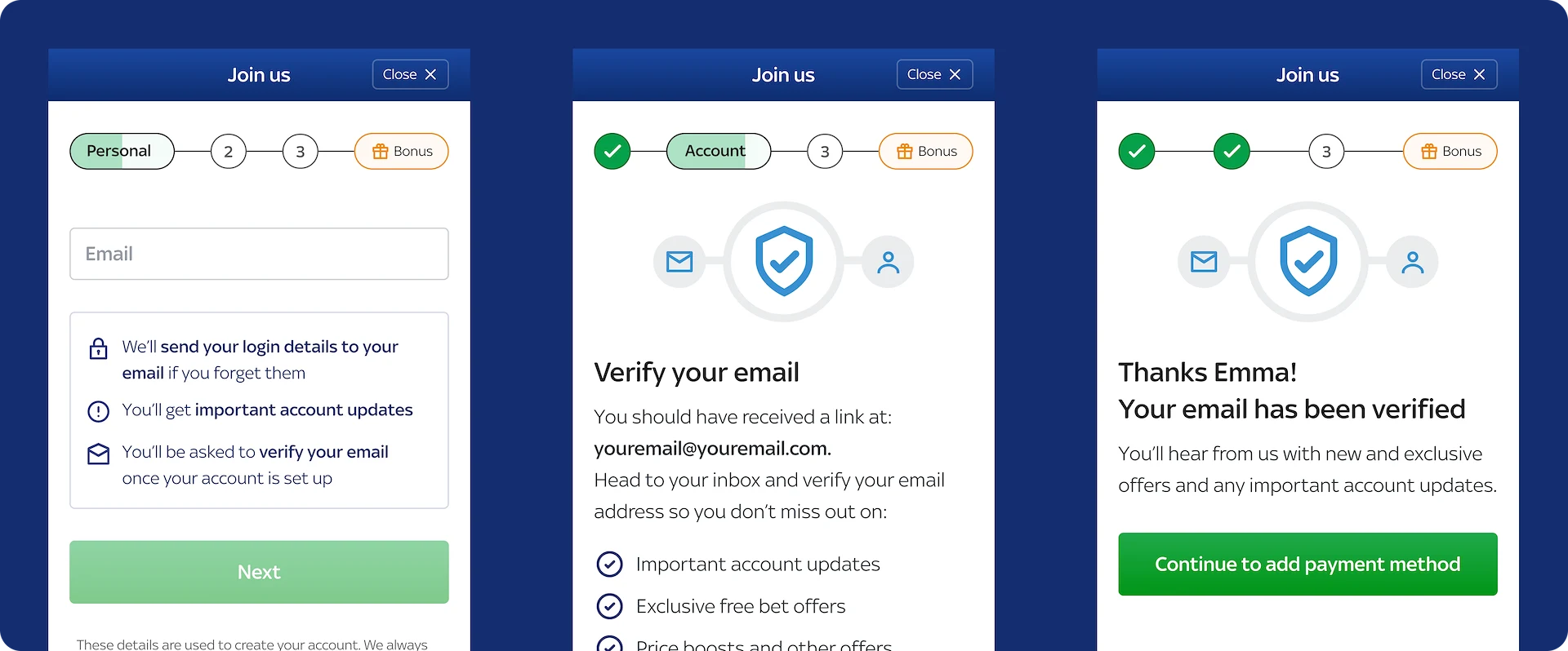 Sky Bet join us flow showing account creation, email verification and confirmation
