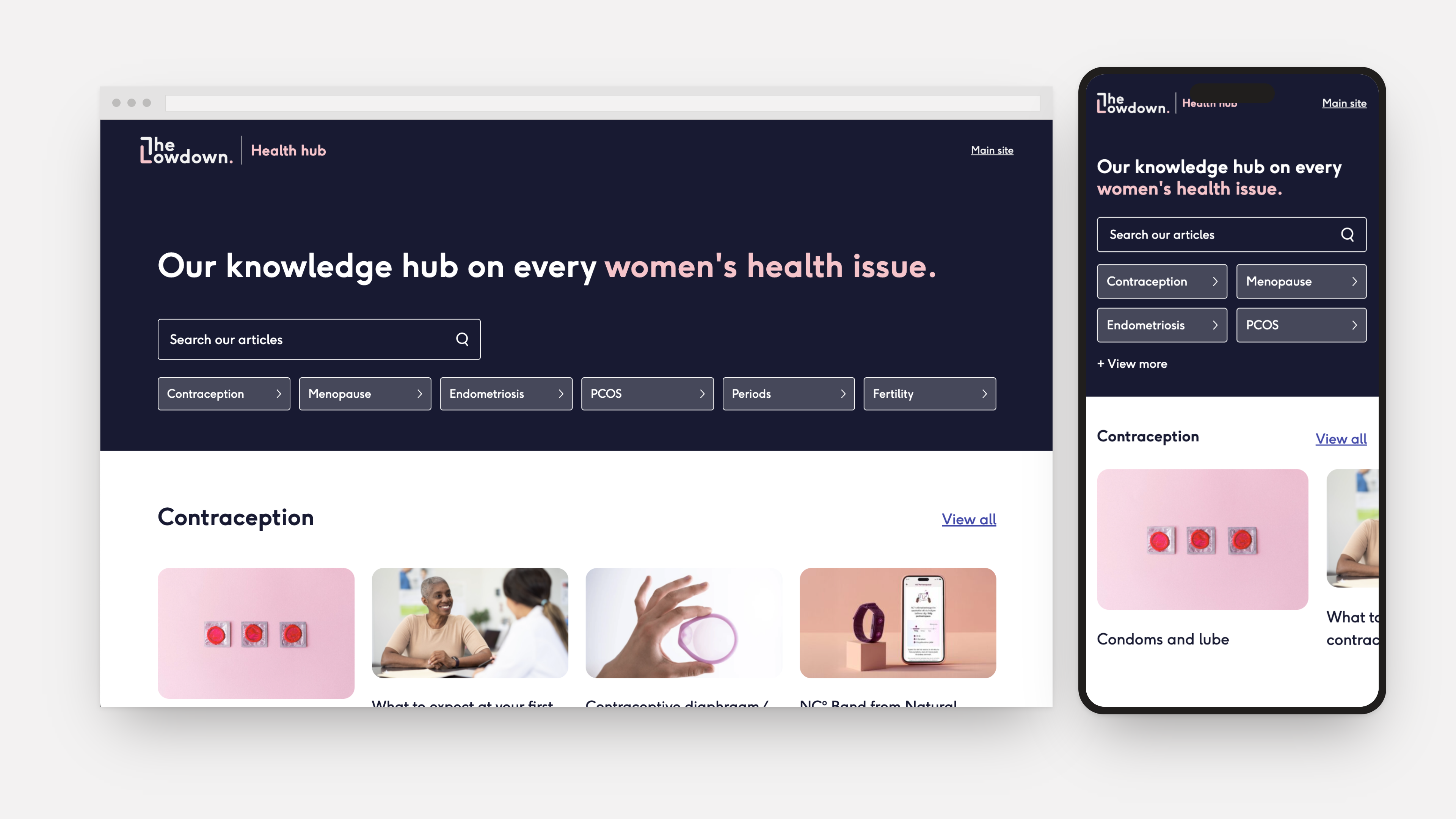 The Lowdown health hub homepage, shown on desktop and mobile