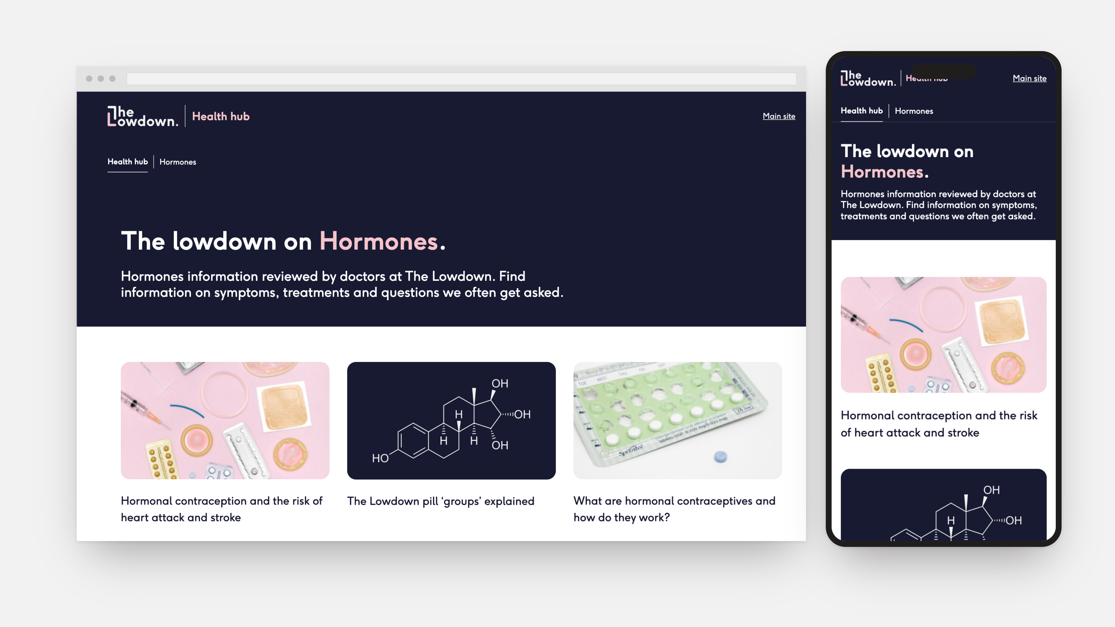 Hormones topic landing page, shown on desktop and mobile