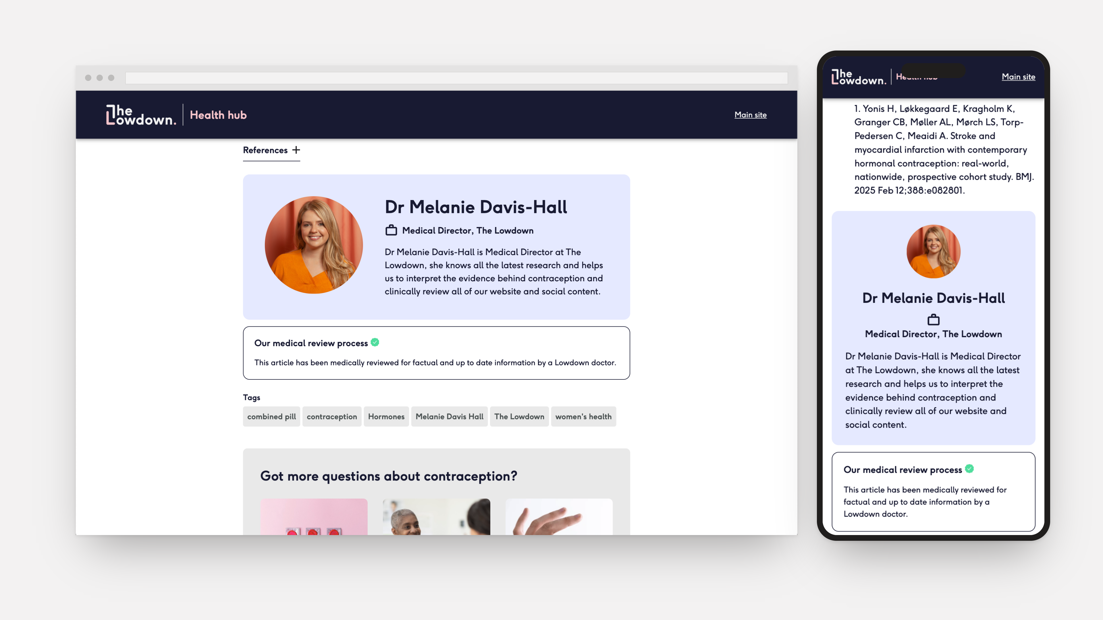References, author card and medical review process at the foot of an article, shown on desktop and mobile