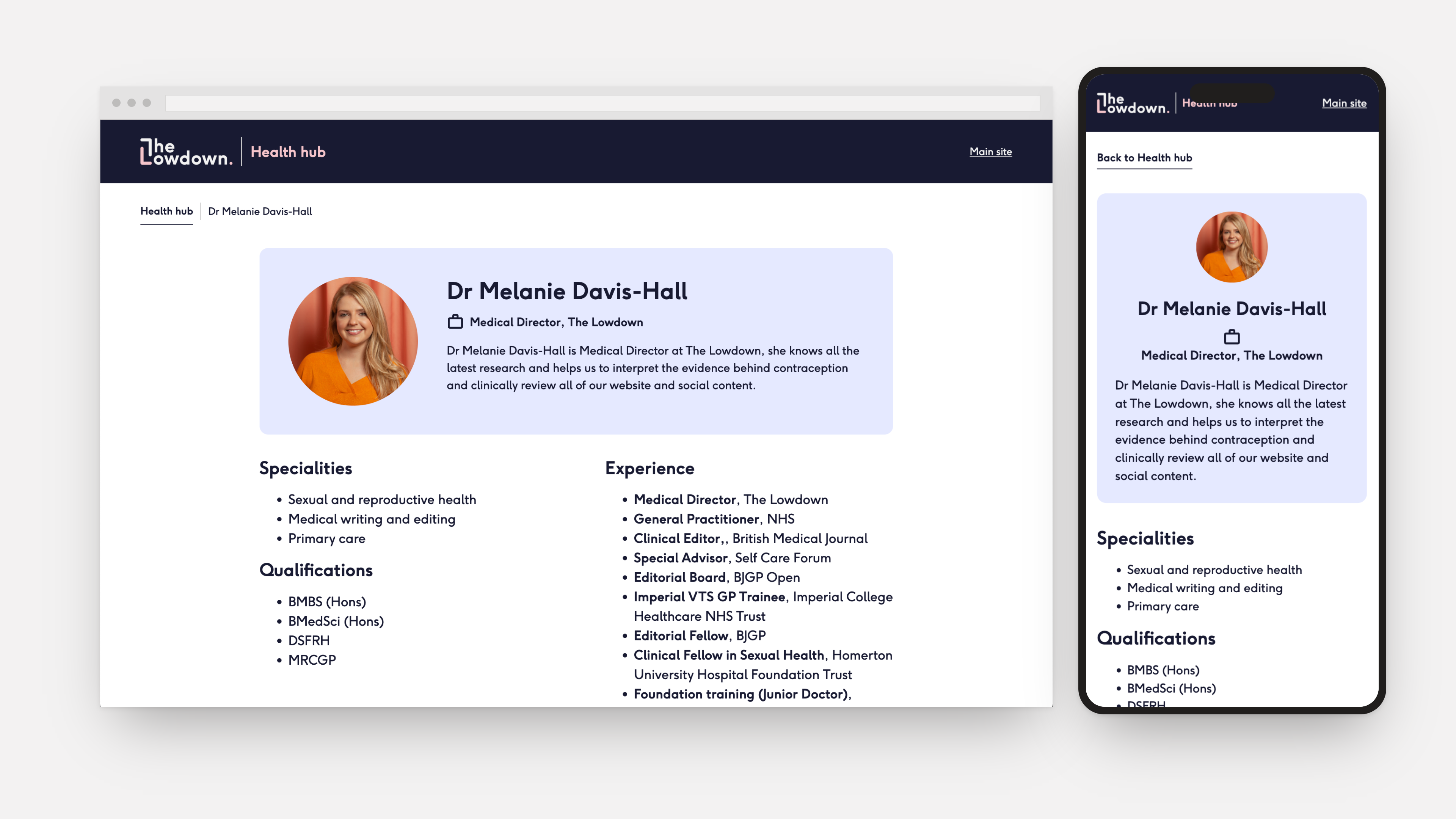 Doctor's full profile page with specialities, qualifications and experience, shown on desktop and mobile