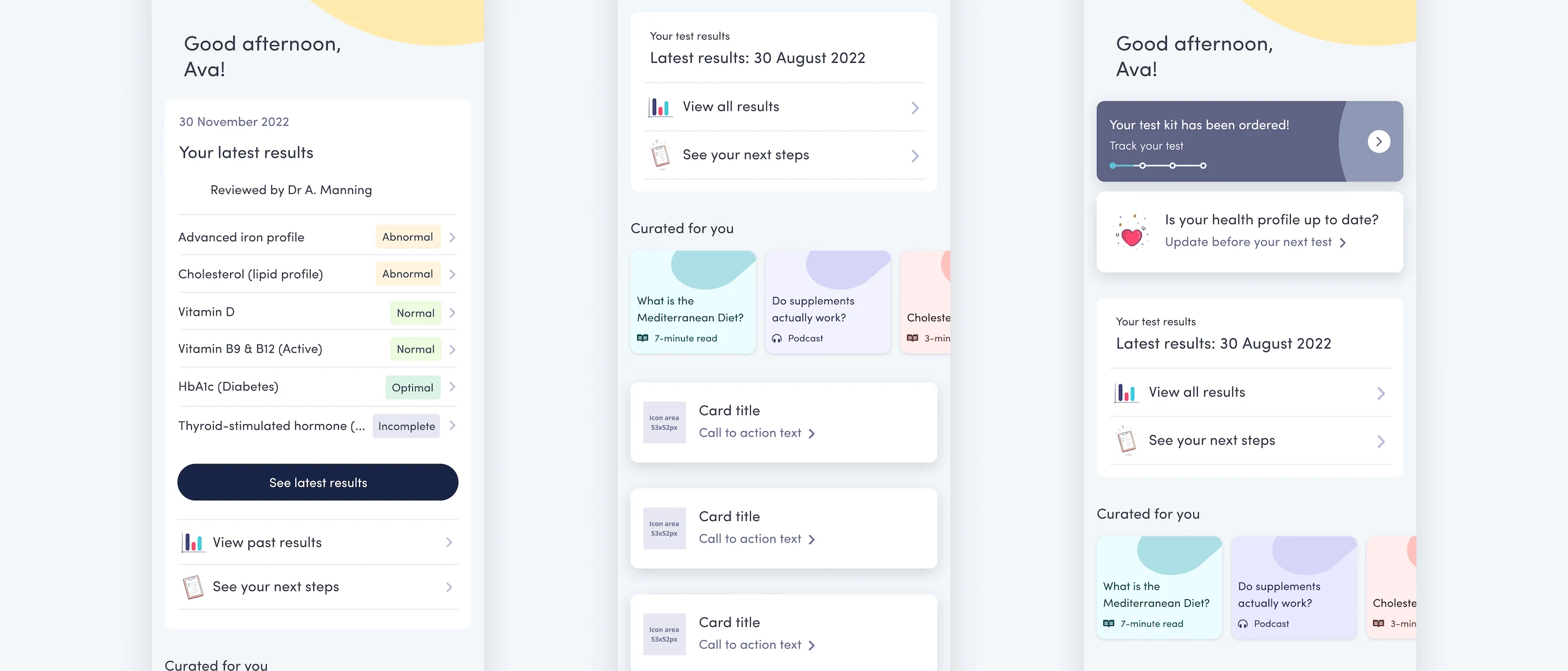 Thriva mobile app results and curated content screens
