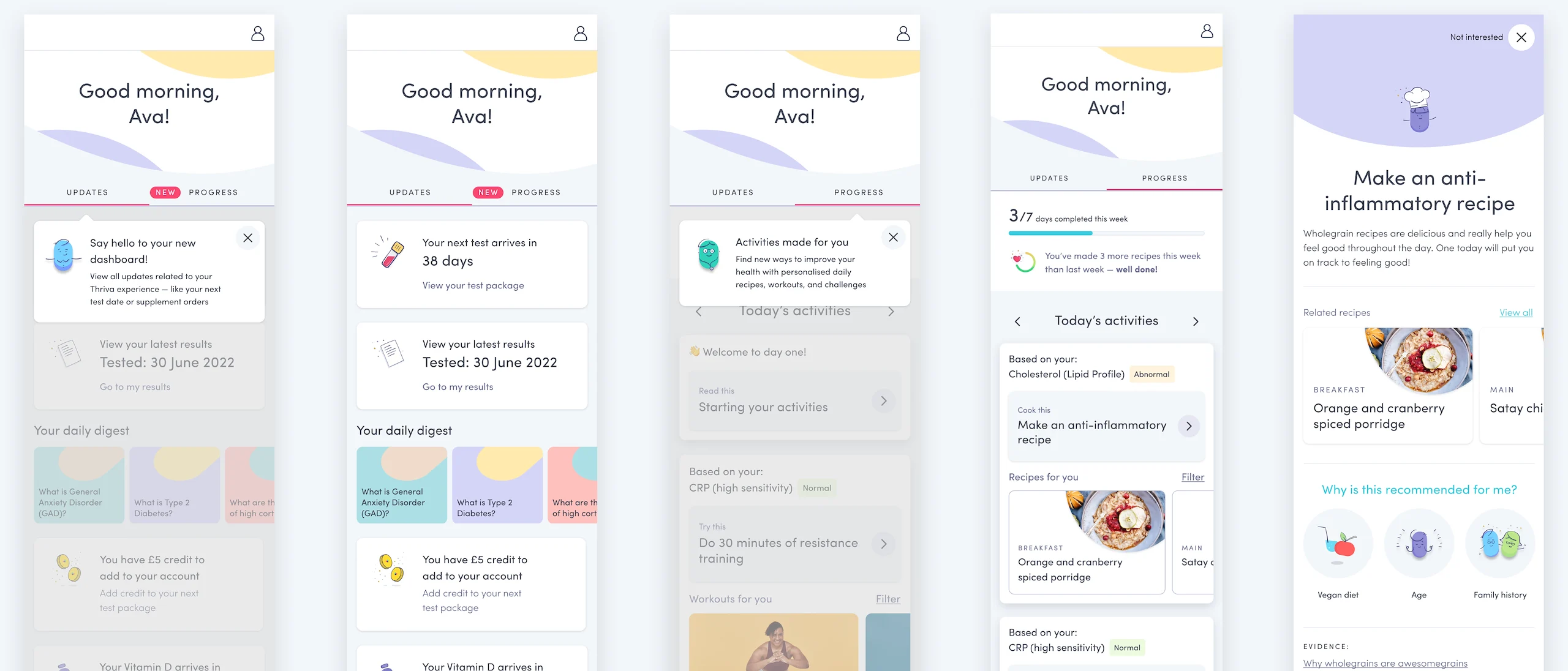 Thriva app updates and progress tab screens